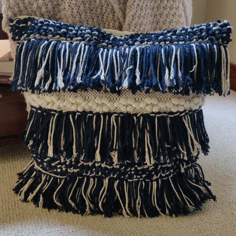 Hobby Lobby Blue and White Fringe Accent Pillow